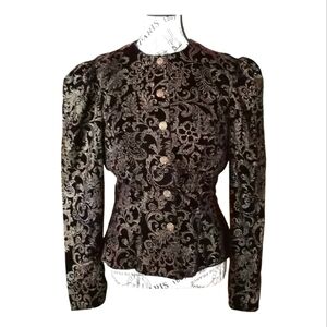 Elegant Black Brocade Jacket With Golden Details And Puffed Sleeves